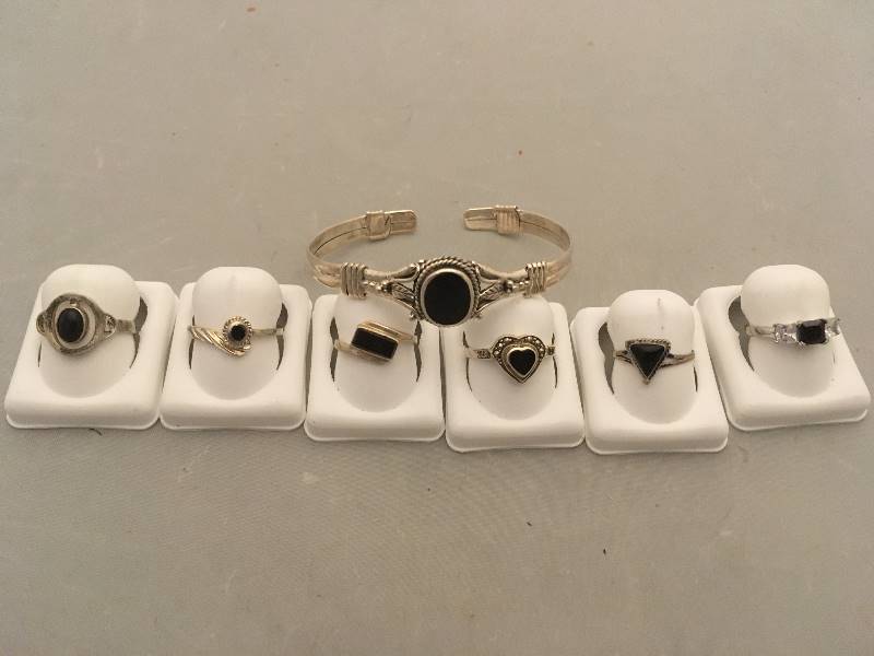 lot 402 image: Sterling Silver Bracelet & Rings - Black Stones