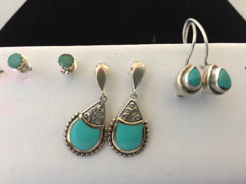 lot 431 image: Sterling Silver Pierced Earrings - Turquoise Blue Stones