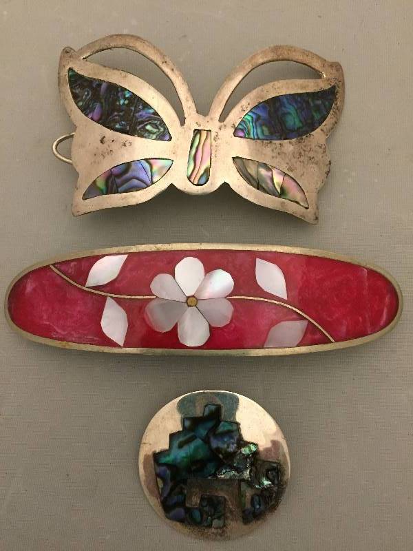 lot 394 image: Hair Clips & Brooch - Alpaca Mexico - Abolone Inlaid