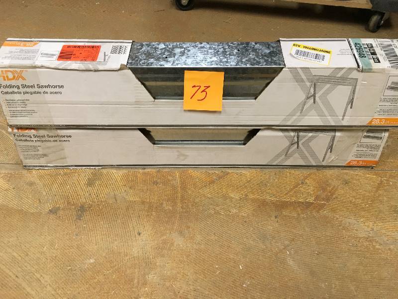 lot 73 image: MD Building Products 8.5 in. x 31 in. Folding Saw Horse Set of 2 Pcs New