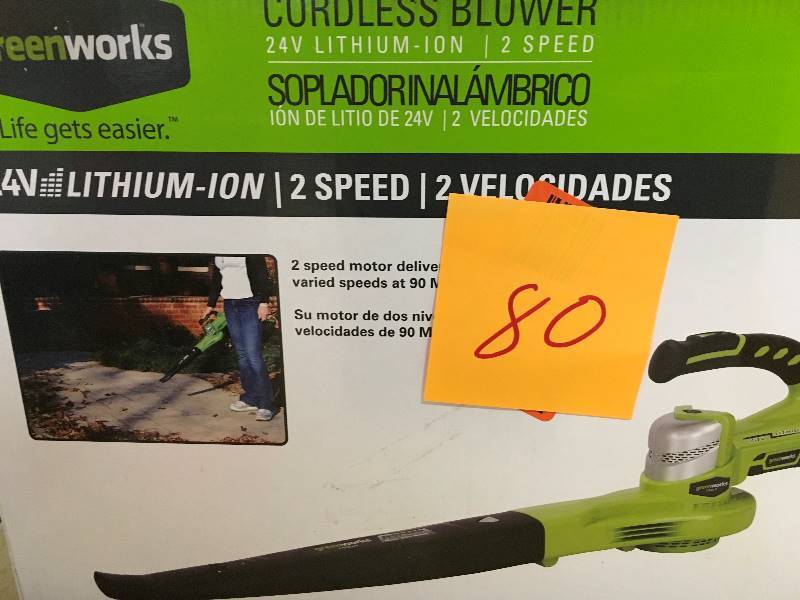 lot 80 image: Greenworks G-24 130 MPH 135 CFM 24-Volt Cordless Handheld Leaf Blower - Battery and Charger Included Not Used