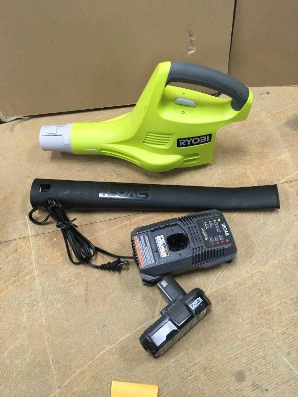 lot 20 image: RYOBI ONE 120 MPH 18-Volt Lithium-Ion Cordless Hard Surface Leaf BlowerSweeper - 1.3 Ah Battery and Charger Included not used