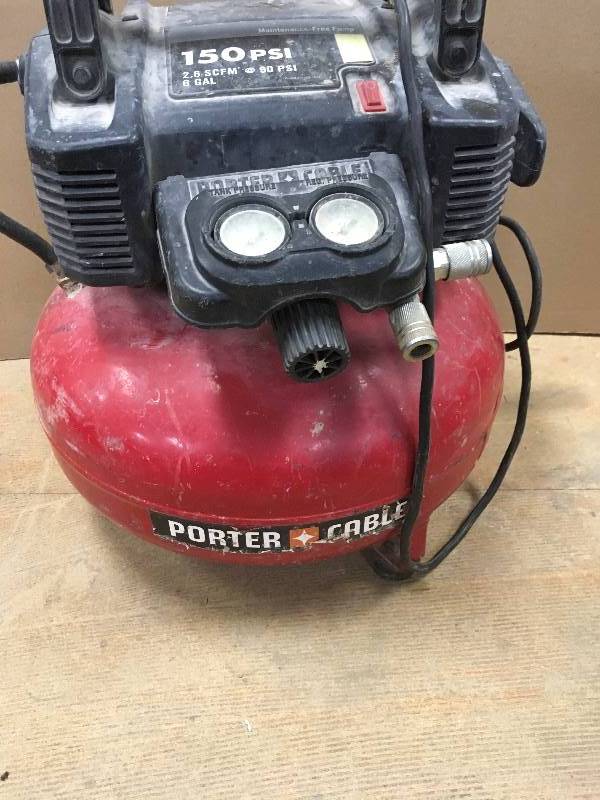 lot 3 image: Porter Cable 6 Gal. 150 PSI Portable Electric Pancake Air Compressor Used in working condition