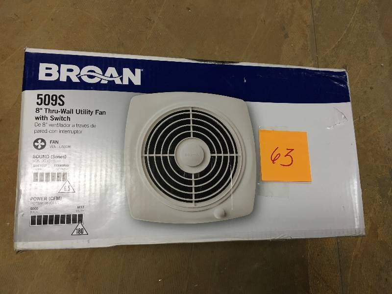 lot 63 image: Broam1 80 CFM Through-the-Wall Exhaust Fan with OnOff Switch open box not used