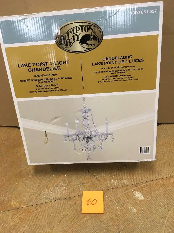 lot 60 image: Hampton Bay Lake Point 4-Light Chrome and Clear Crystal Chandelier New