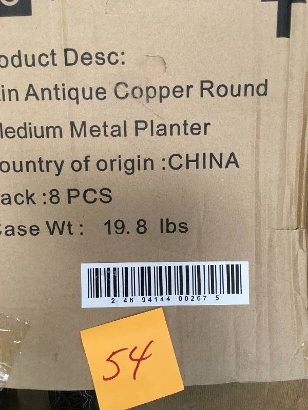 lot 54 image: Lot Pack of 8 Pieces 12 in. x 9 in. Antique Copper Round Medium Metal Planter New