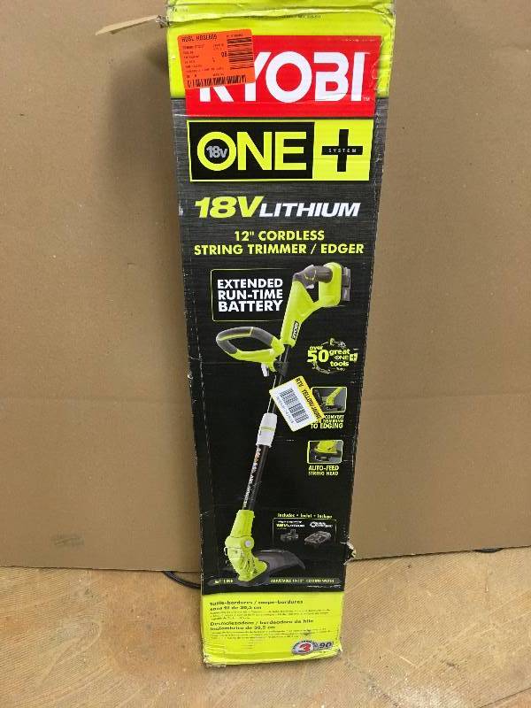 lot 56 image: RYOBI ONE 18-Volt Lithium-Ion Cordless String TrimmerEdger - 2.6 Ah Battery and Charger Included Not Used
