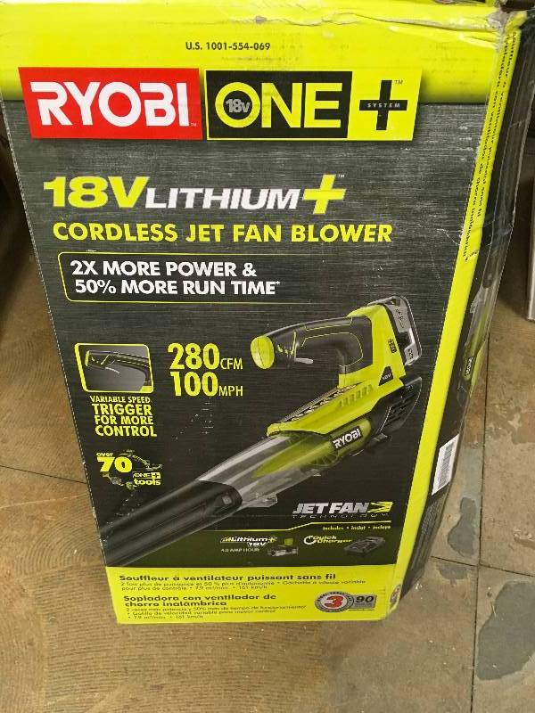 lot 23 image: RYOBI ONE 100 MPH 280 CFM Variable-Speed 18-Volt Lithium-Ion Cordless Jet Fan Leaf Blower 4Ah Battery and Charger Included in good conditions