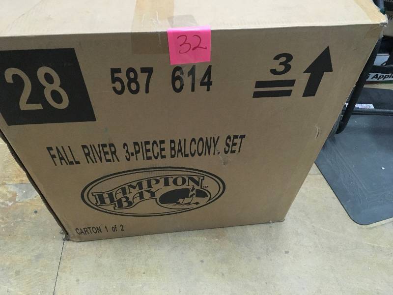 lot 32 image: Hampton Bay Fall River 3-Piece Metal Outdoor Bar Height Dining Set with Unfinished Cushions New