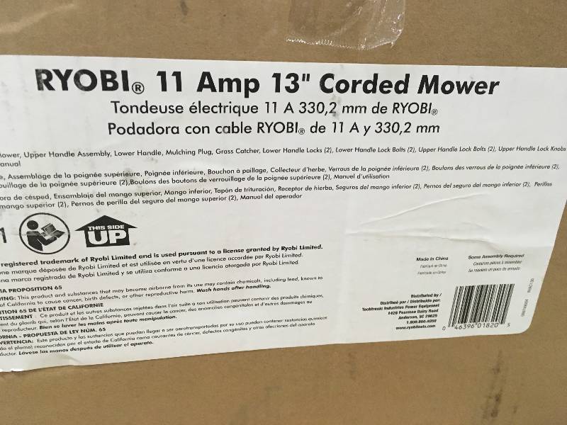 lot 38 image: RYOBI 13 in. 11 Amp Corded Electric Walk Behind Push Mower New