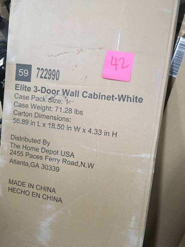 lot 42 image: Hampton Bay Elite  3-Door Wall Cabinet in White New