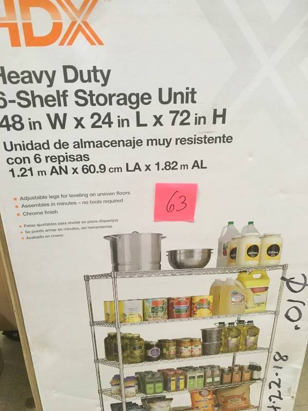 lot 63 image: HDX Heavy Duty 6 Shelf Storage unit open box not used