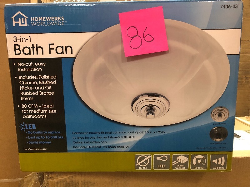 lot 86 image: Homewerks Decorative 80 CFM Ceiling Bathroom Exhaust Fan with LED Light and White Globe