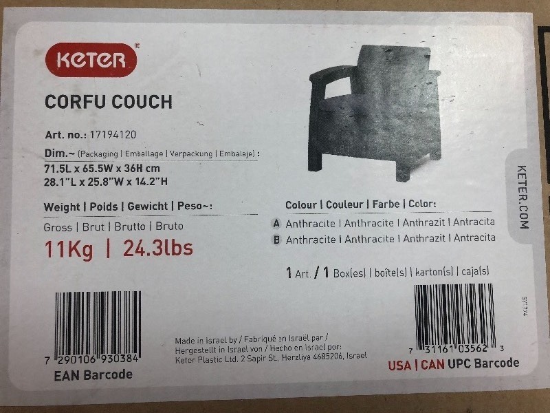 lot 85 image: Keter Corfu Charcoal All-Weather Resin Patio Armchair with Charcoal Cushion not used