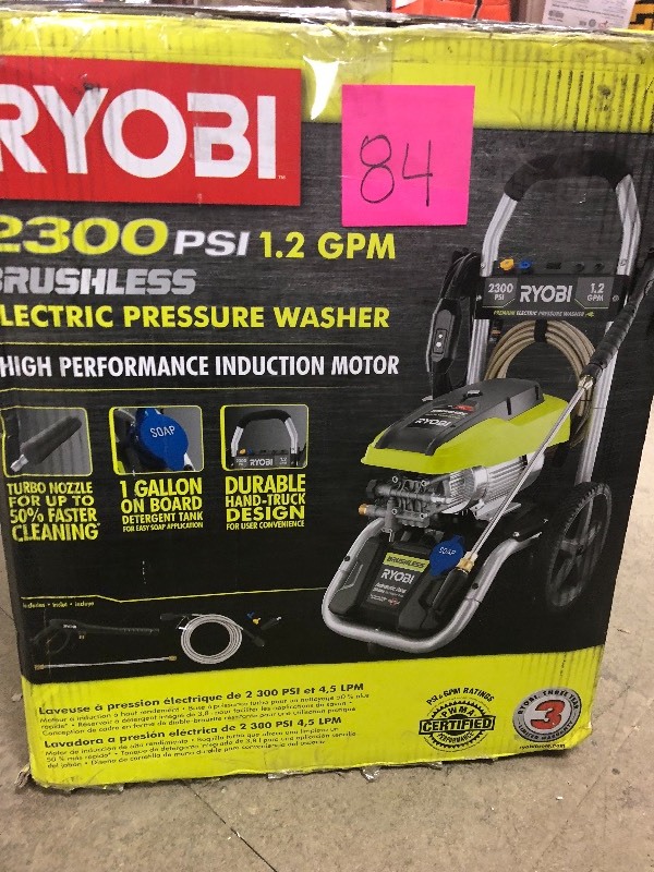 lot 84 image: Ryobi 2,300 PSI 1.2 GPM High Performance Electric Pressure Washer not used