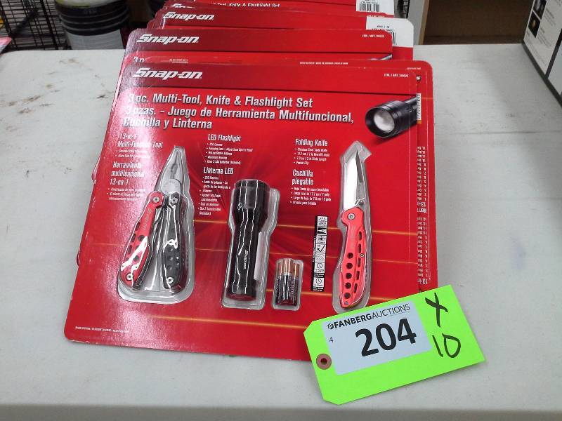 lot 204 image: 10 Units - Snap-On 3 Piece Multi-Tool Knife & Flashlight Set
