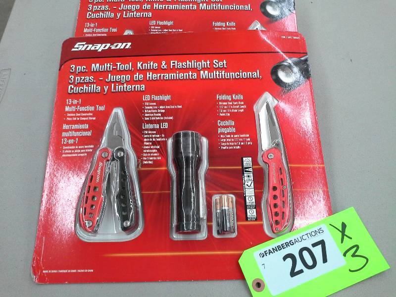 lot 207 image: 3 Units - Snap-On 3 Piece Multi-Tool Knife & Flashlight Set