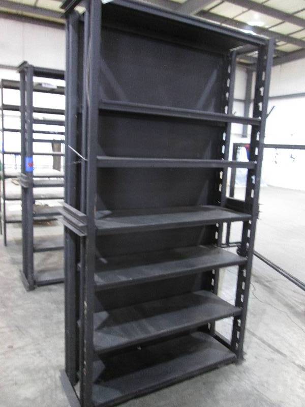 lot 29 image: Heavy metal rack, with back, 8 tal...