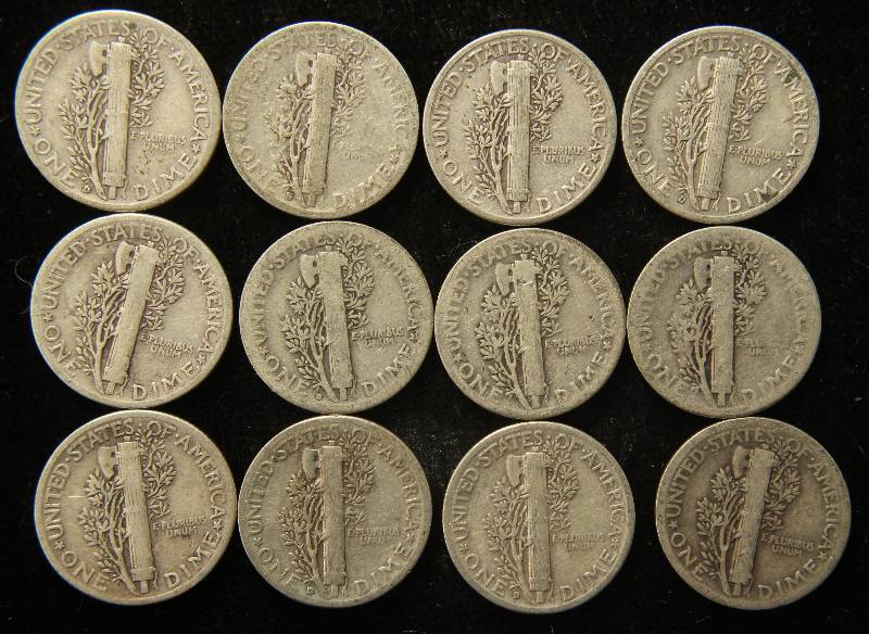 GROUP OF 12 US MERCURY SILVER DIMES