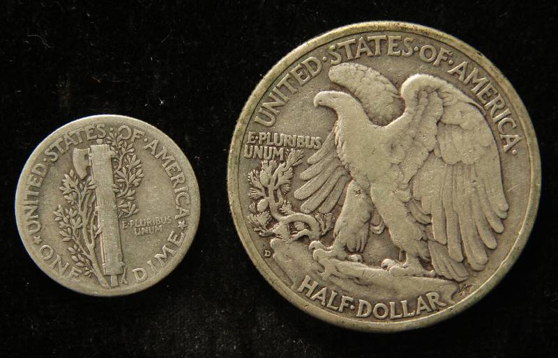 2 SILVER COINS 1937 MERCURY 10C &1943-D WALKING LIBERTY 50C
