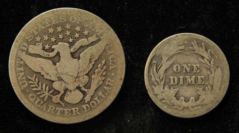 2 SILVER US COINS 1901 BARBER 25C & 1906 BARBER 10C