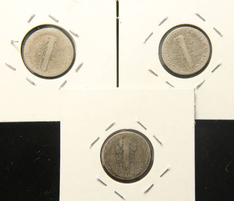 3 MERCURY DIMES 1917-S, 1925 1925-D