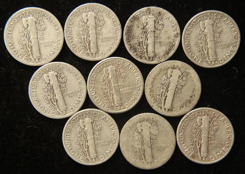 GROUP OF 10 US MERCURY SILVER DIMES