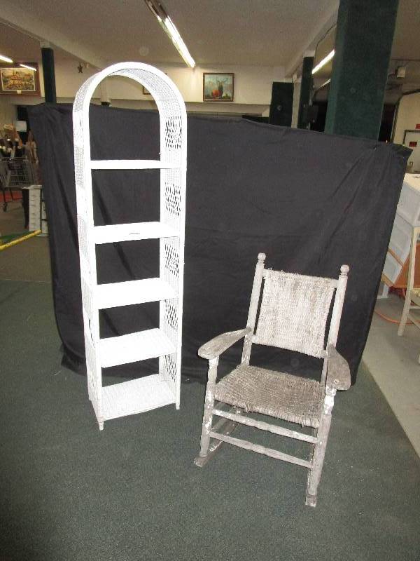 lot 17 image: Whicker Shelf and Vintage Whicker Dcor Rocker