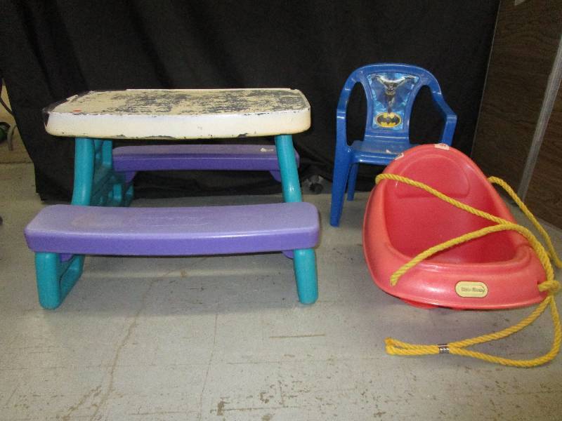 lot 44 image: Little Tikes Picnic Table, Swing and Batman Chair