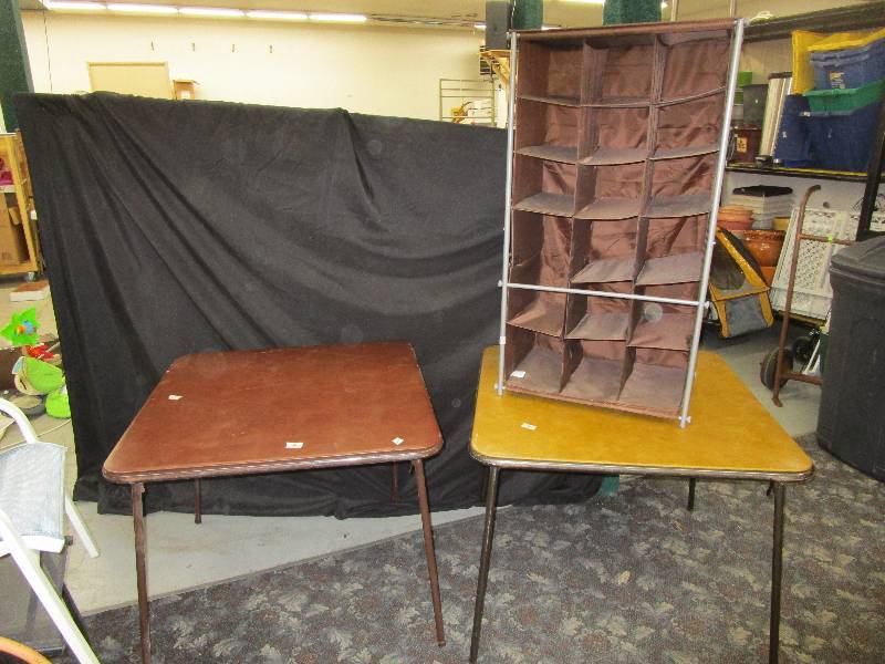 lot 36 image: Shoe Organizer and 2 Card tables