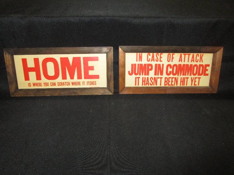 lot 77 image: Pair of Catchy Wood Framed Signs