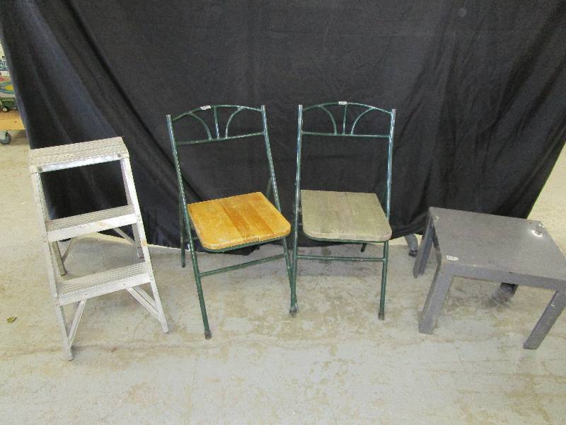 lot 155 image: 2 MetalWood Chairs, Step Stool and Table