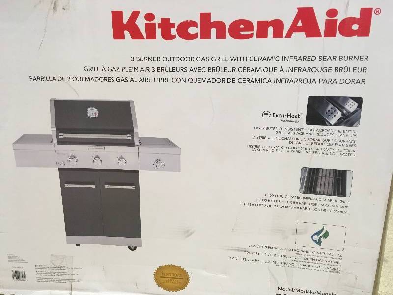 Kitchen Aid 3-Burner Propane Gas Grill in Slate with Ceramic Sear Side Burner New
