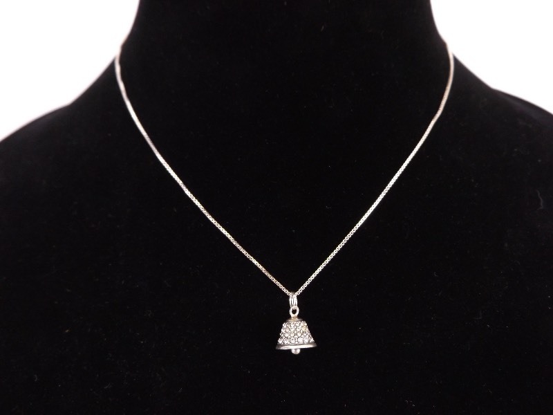 lot 15 image: Sterling Silver Marcasite Bell Pendant on Sterling Silver Necklace (3.7 Grams Total Weight) 
