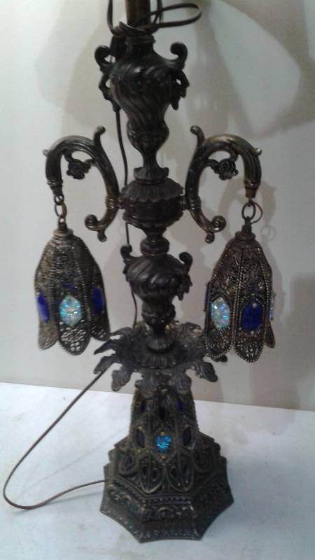 lot 17 image: Very Ornate Table Lamp, Works, Stained Glass Shade Has Some Wear