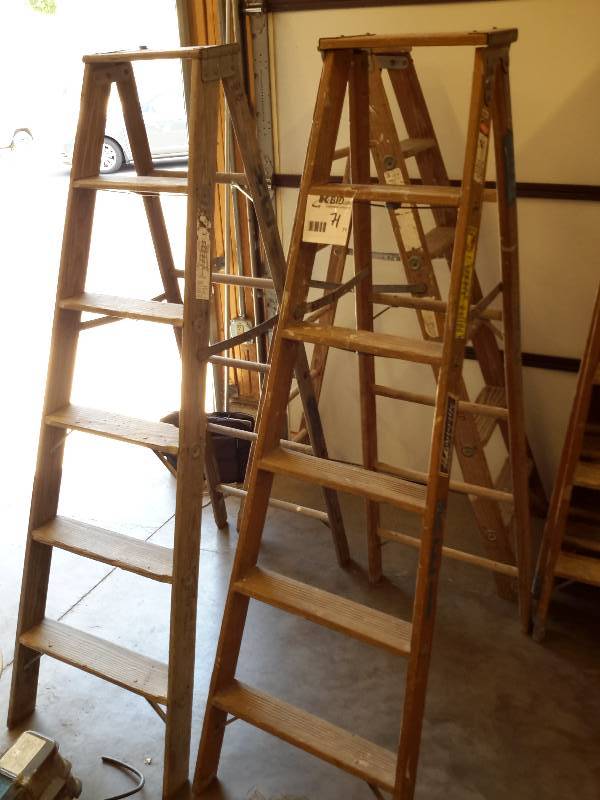 lot 71 image: 3, Louisville, Wood Heavy Duty, 6 ft step ladders.  EXCELLENT SHAPE