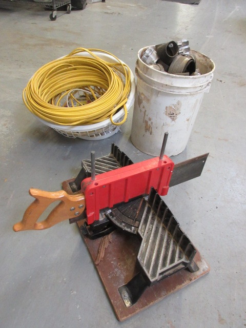 HAND MITER SAW, ASSORTED CLAMPS, AND ELECTRICAL WIRE