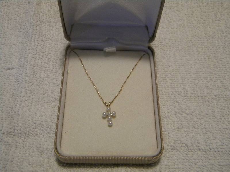 14K Gold and Pearl Cross Necklace