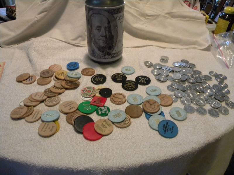Wooden Nickels & Drink Chips,Shell Tokens and a Coin Bank