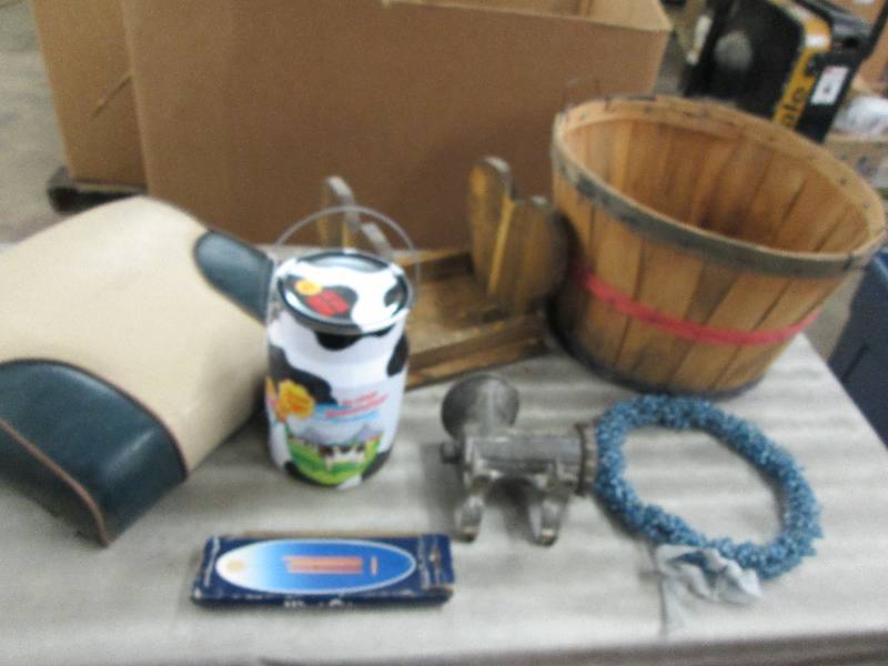 lot 171 image: Seat Cushion, Apple Basket, Cow Tin...