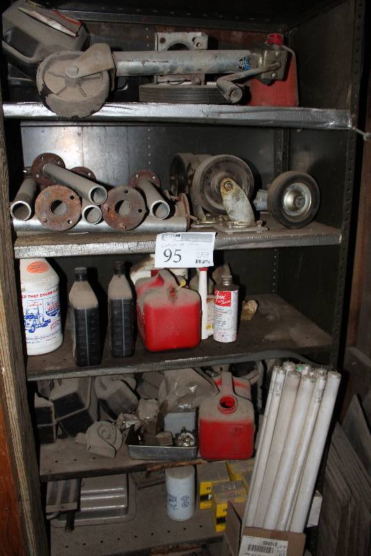 lot 95 image: Axle Shafts, Caster Wheels, Shop Fluids, Gas Can, Trailer Jack Wheel, 8-Lug Disc Hub, Distributors w Cap & Wires, Car  Interior Mirror, And More