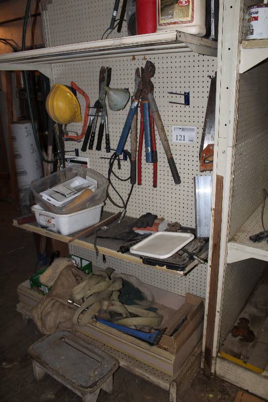 lot 121 image: Loppers, Shears, Wood Saws, Tree Saw, Hard Hat, Various Nylon Straps