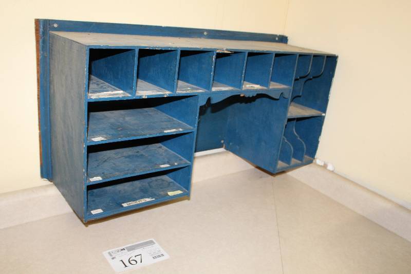 lot 167 image: 15-Slot Wood Wall-Mount Hardware Organizer Shelf