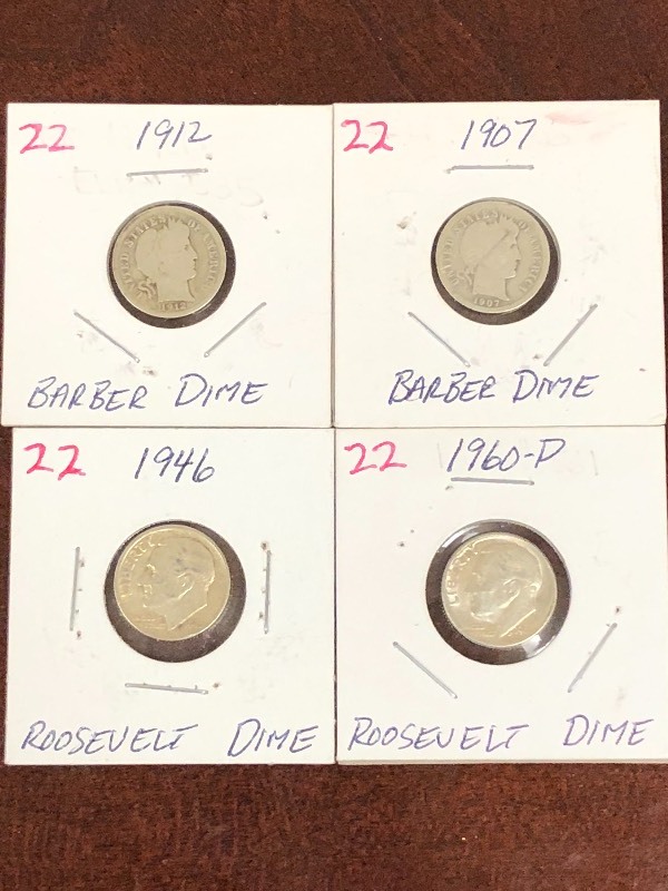 1907 , 1912 Bartber Dimes and 1946,...