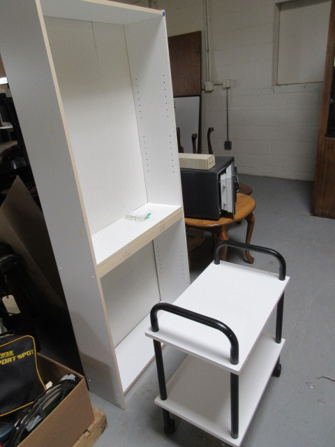 WHITE SHELVING UNIT AND ROLLING CART