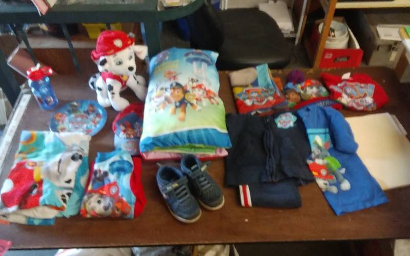 Paw Patrol Pillow Book, Beach Towel, Sweat Suit Size 4, Shoes Size 11