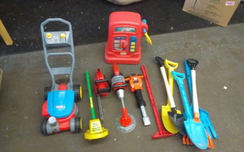 Little Tykes Gas Pump, Lawn Mower, Weed Whip, Chain Saw, Jack Hammer, Lawn Tools