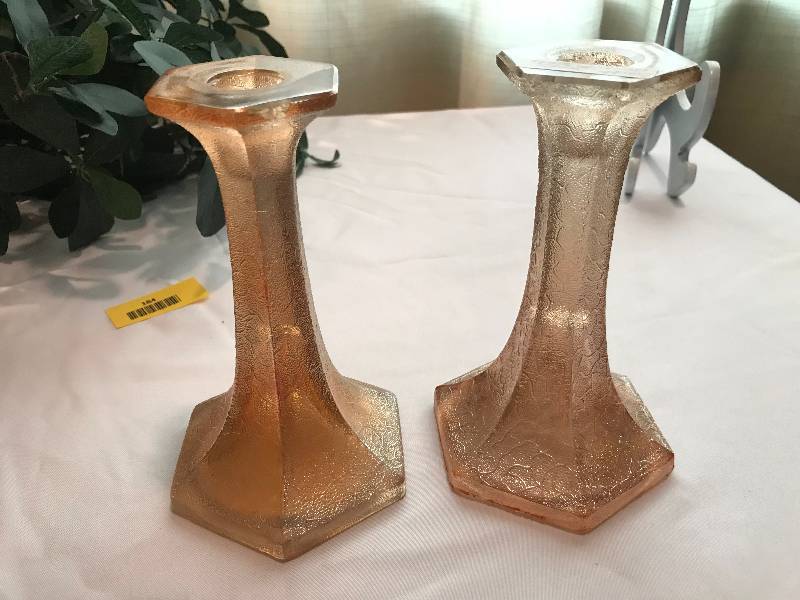 lot 184 image: Imperial Crackle Marigold candlesticks (pair)