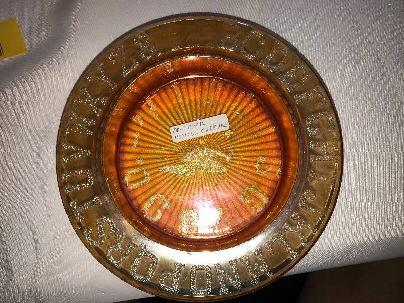 lot 232 image: us glass ABC Store cake plate Marigold a childs plate