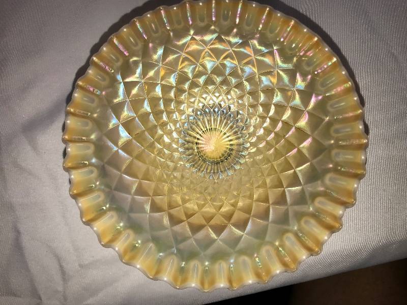lot 239 image: Dugan folding fan Peach Opalescent compote